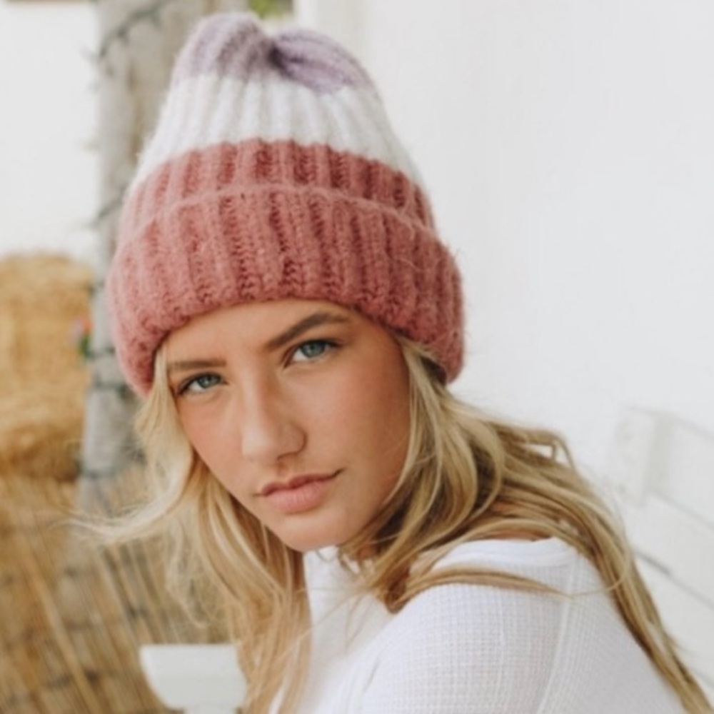 LETO Collection Chunky Knit Striped Color Block Double Brim Bean Hat